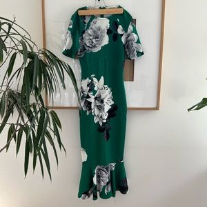 ASOS Green Floral Midi Dress with Peplum Hem